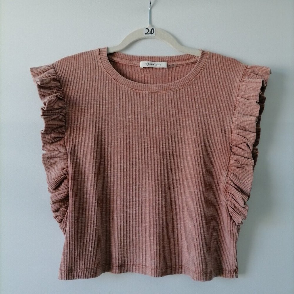 Mustard Seed Womens Blush Pink Sleeveless Round Neck Ruffled Blouse Top Size L